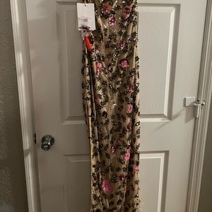 Long Mac Duggal  beaded gown with high slit